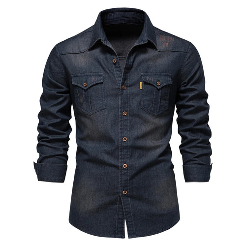 AIOPESON Brand Elastic Cotton Denim Shirt Men Long Sleeve Quality