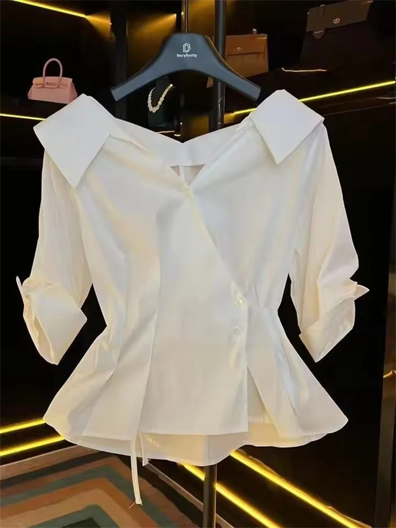 Elegant Short Sleeve V-Neck Shirt Women's Slim Blouse 2025 New Korean