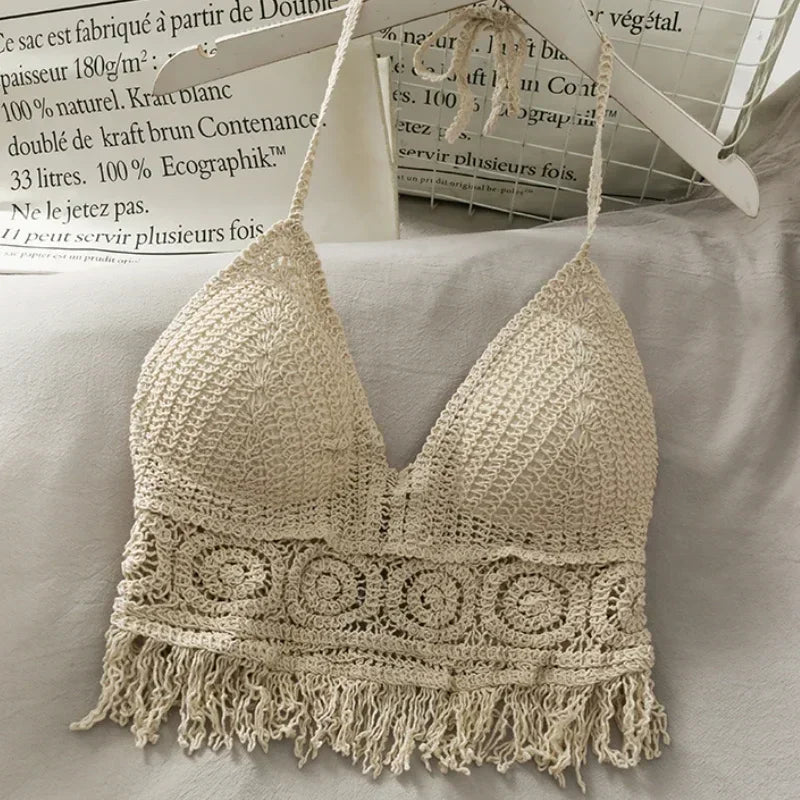 Tassel Crop Tops Retro Wild Hollow Perspective Sexy Spaghetti Strap