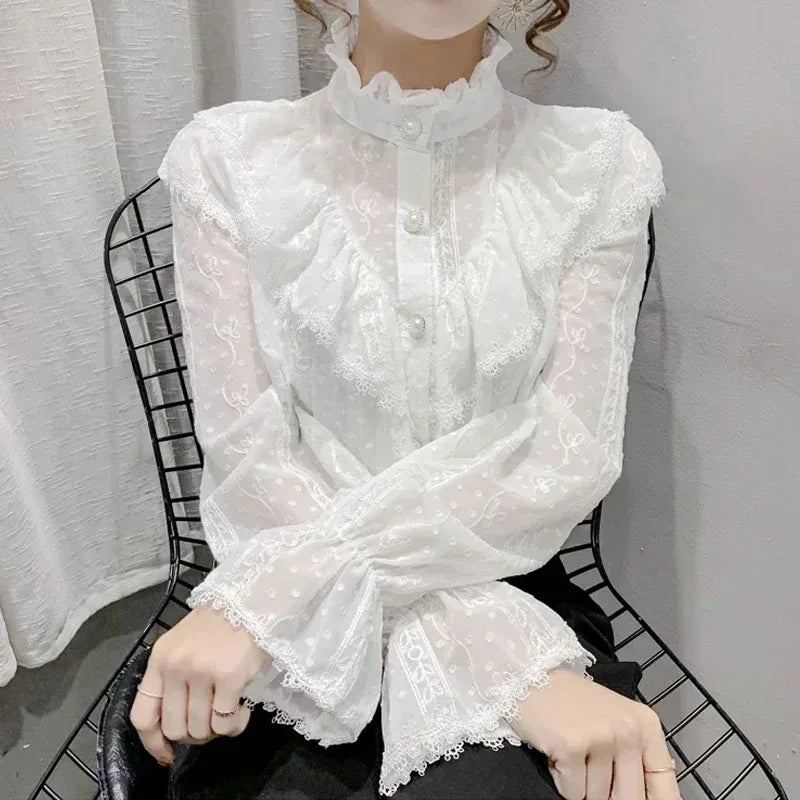 Long Sleeve Loose Spring Fashion Button White Shirt Elegant Stand