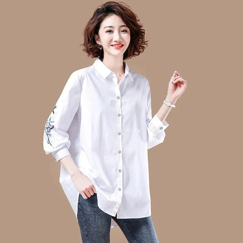 Vintage Embroidery White Simple Cotton Button Up Shirt Comfortable