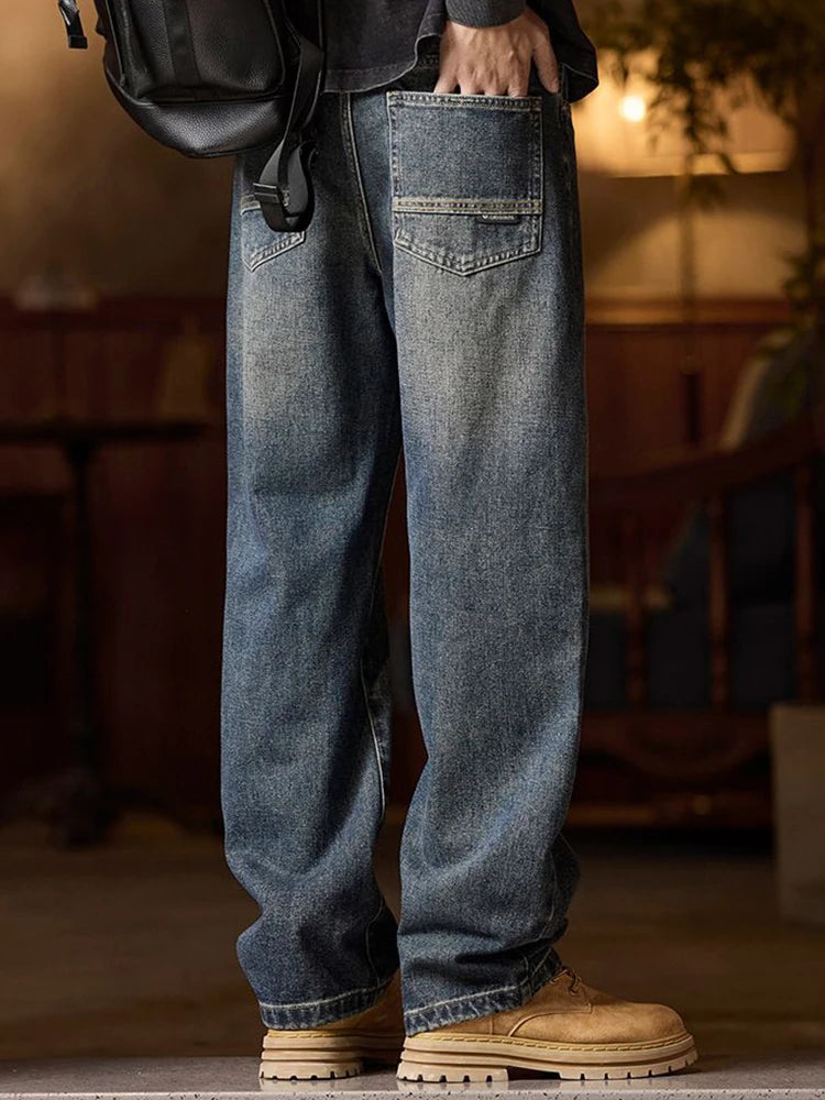 American Men's Y2K Retro Blue Denim Jeans Autumn Spring Relaxed Fit