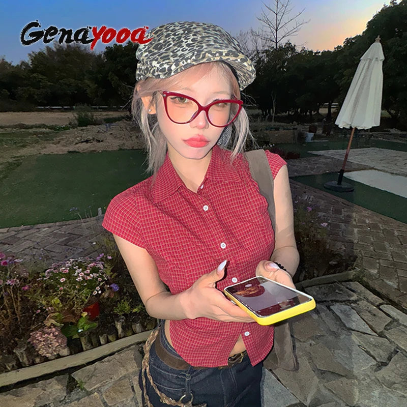 Genayooa Vintage Plaid Shirt Women Short Sleeve Casual Shirt Y2k