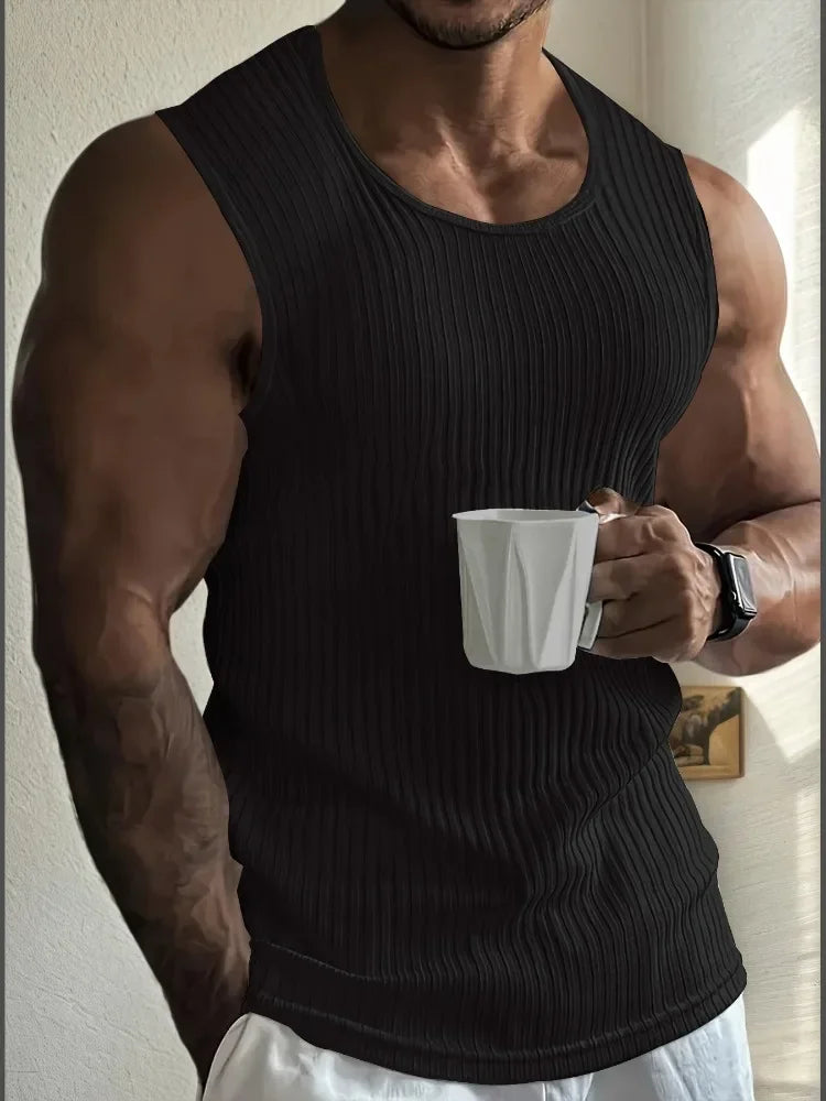 Men's Gym Stripe Tank Top Breathable Sleeveless Shirt Sports