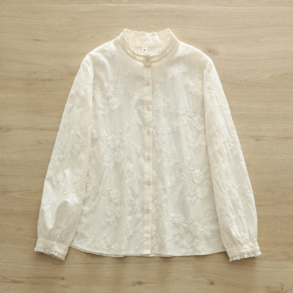 Sweet Mori Girl Lace Embroidered Shirt Female Stand Collar Blouse