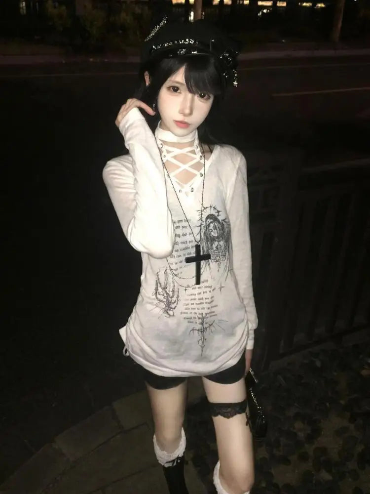 Seeslim Chic Print Graphic T Shirts Woman Lace Up Youthful 2000s