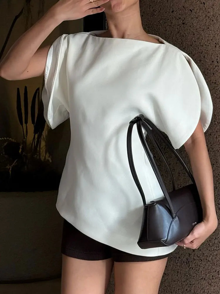 HH Women Casual Loose T-Shirts Asymmetrical Hem Blouse Short Puff