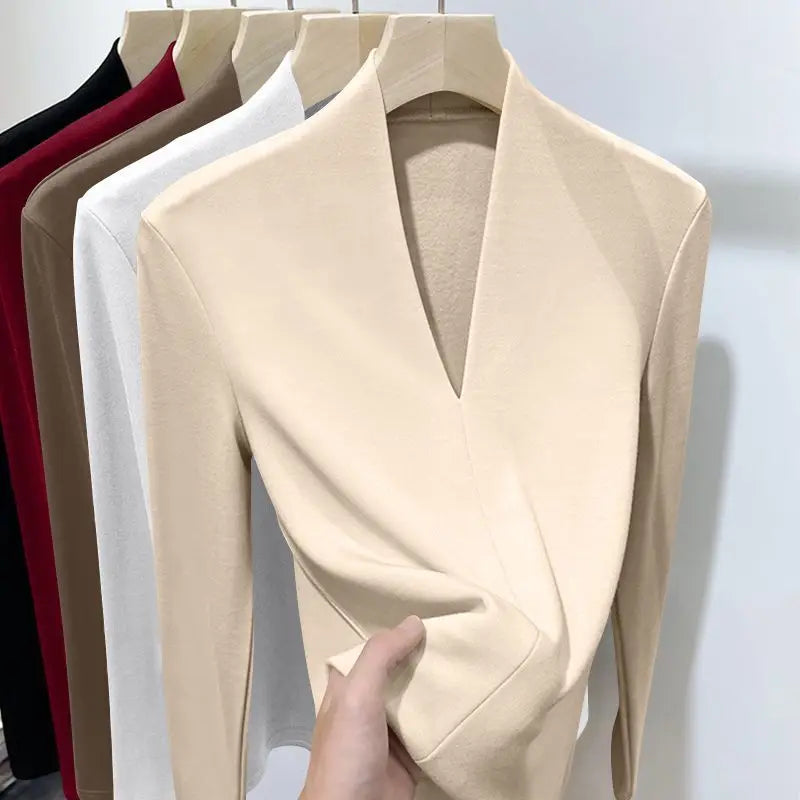 Autumn Winter New Long Sleeve T-Shirts Women Solid V-Neck Plus Velvet