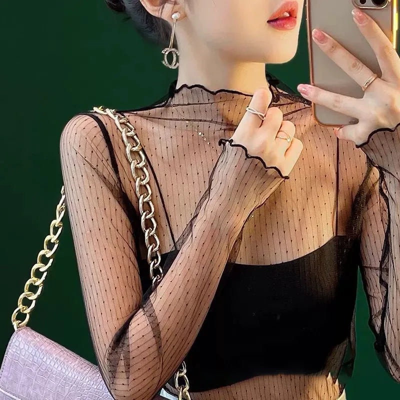 NEW Lace Perspective Women Top Slim Fit Mesh T-Shirts Turtleneck Sheer