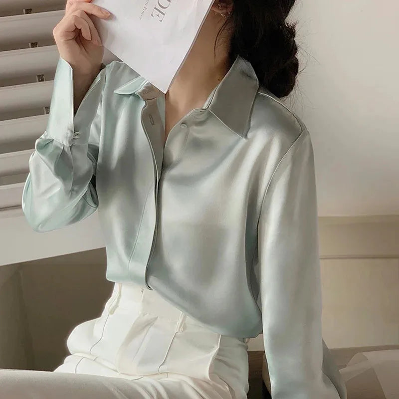 Women's Satin Blouse Long Sleeve French Fashion Solid Color Shirts