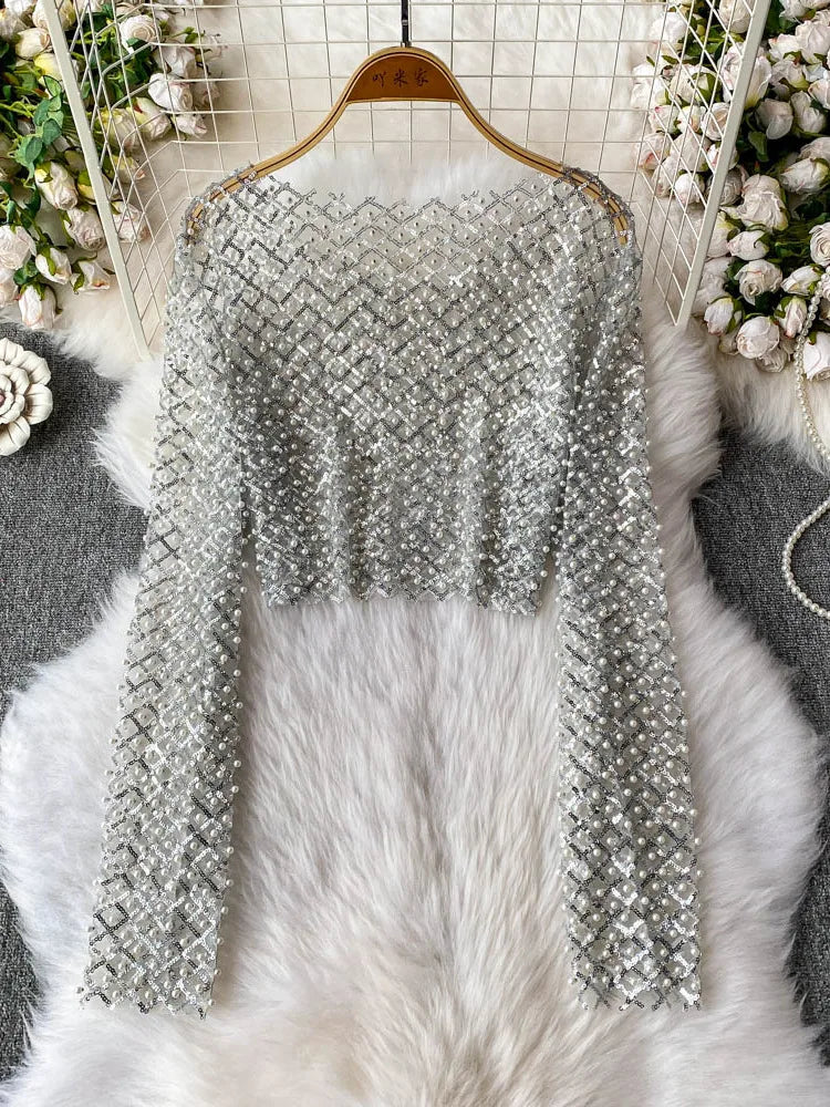2025 Fashion Streetwear Sequined Sun-proof Blouses Sexy Pearl Beading