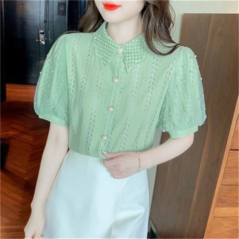 Women Spring Summer Style Lace Blouses Shirts Lady Casual Short Puff