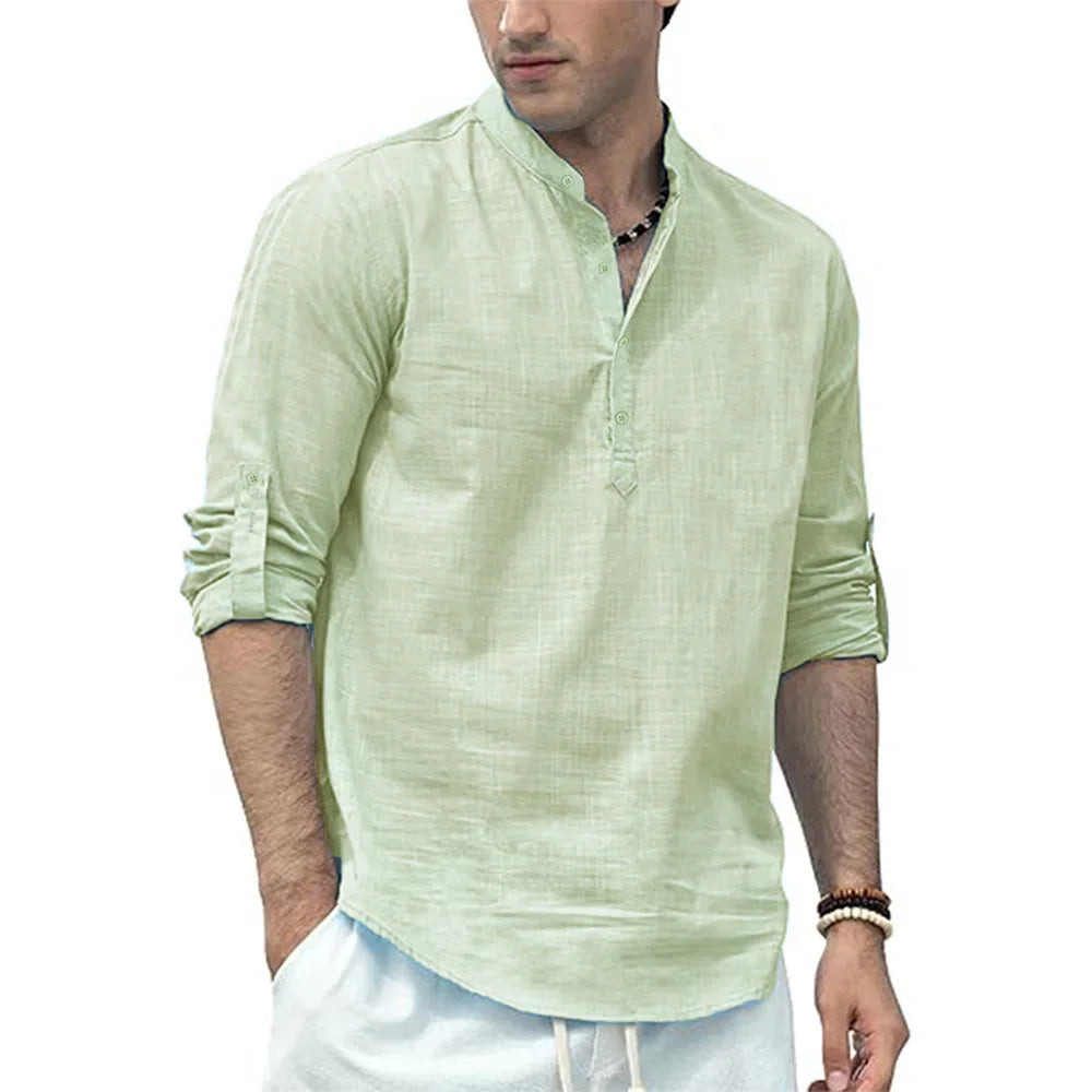 Summer Spring Men's Long Sleeve Polo Shirt Cotton Linen T-shirt Henley