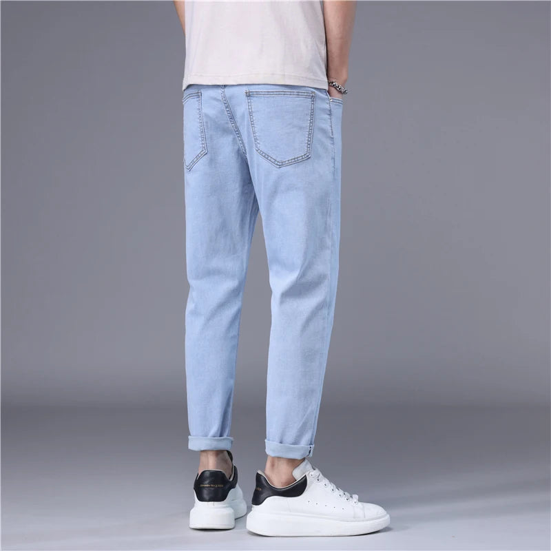 Summer Thin Men's Jeans Korean Style Blue Black Solid Color Stretch
