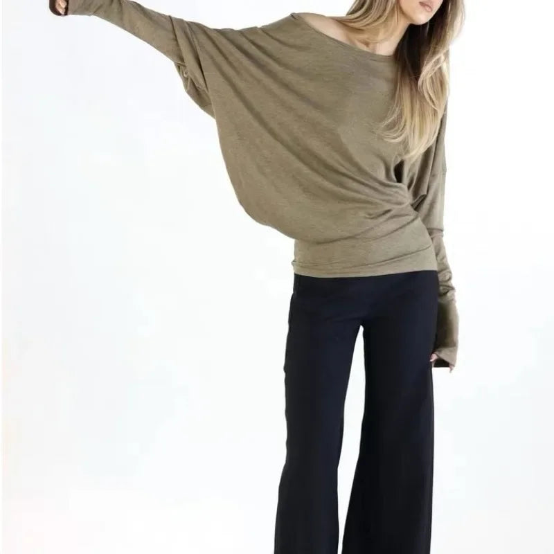 Casual T-Shirt Pleated Vintage Simple Off Shoulder Tees Y2k Streetwear