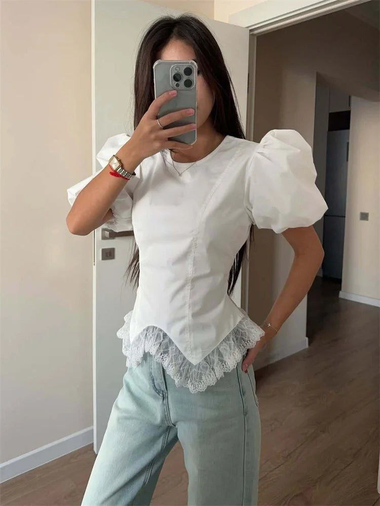 Tossy White Lace Lace-Up Shirts Top Women Short Sleeve Fashion