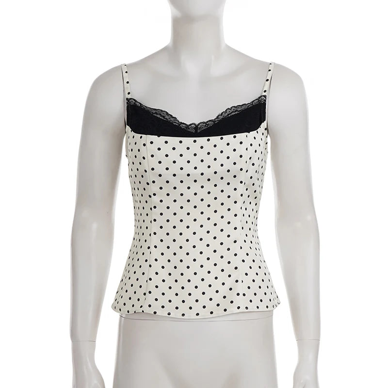 SUCHCUTE Chic Lace Patchwork Polka Dot Camis Tops Elegant Sleeveless