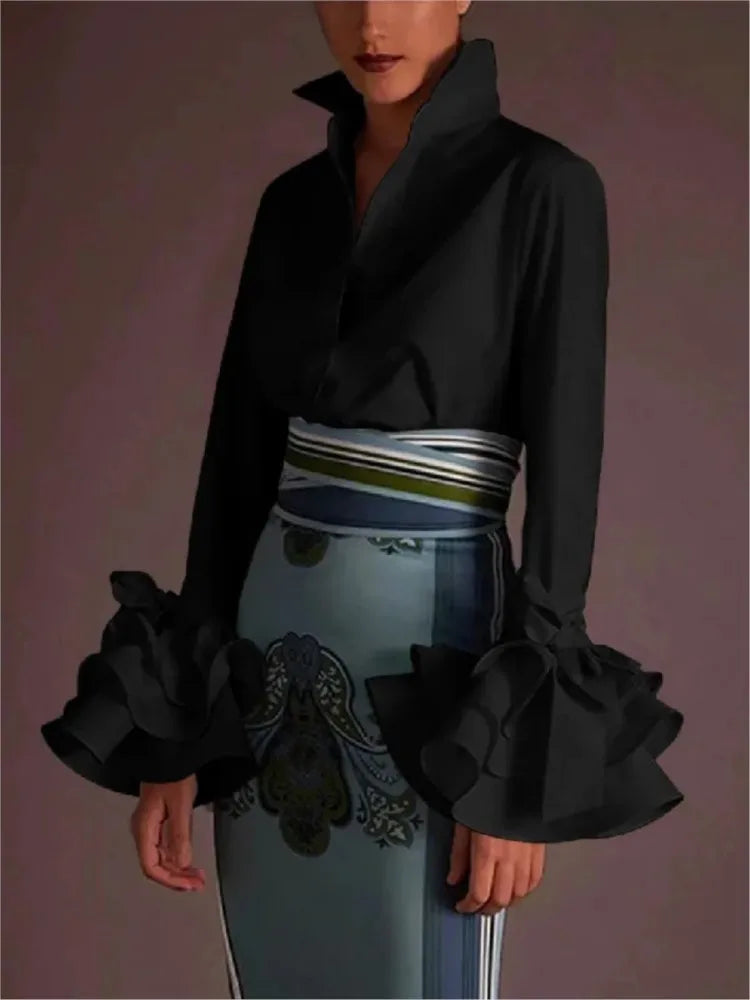 Women Elegant Flared Sleeves Falbala Blouses Tops Spring Autumn New
