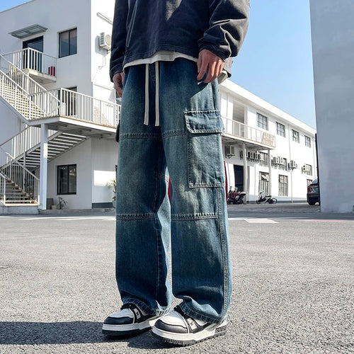 2025 new men's cement grey work jeans Y2K street hip-hop large pocket