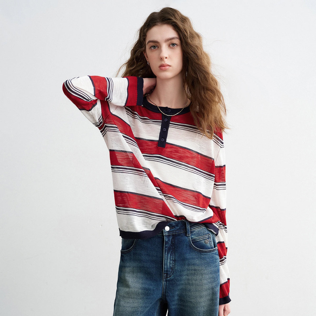 TOYOUTH Women Slub Linen Knit Tops 2026 Spring New Sporty Striped