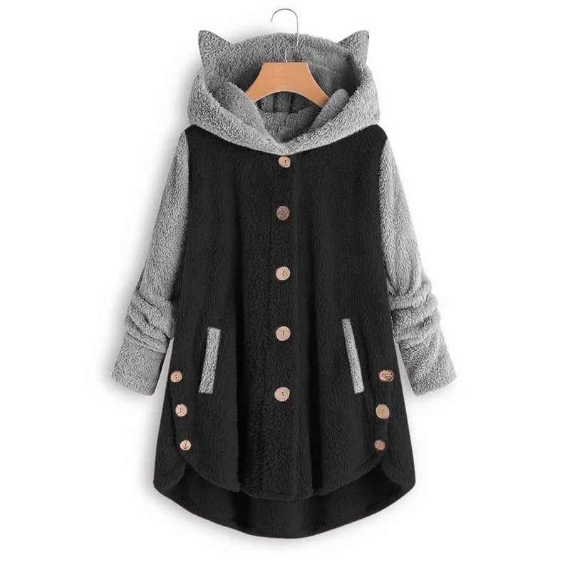 Cat Print Long Hoodies Sweatshirt Women Fleece Warm Button Pocket