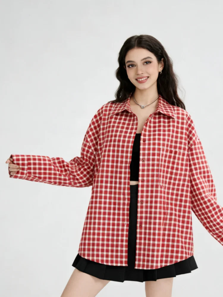 2025 Y2k Autumn Women New Vintage Red Plaid Turn-down Collar