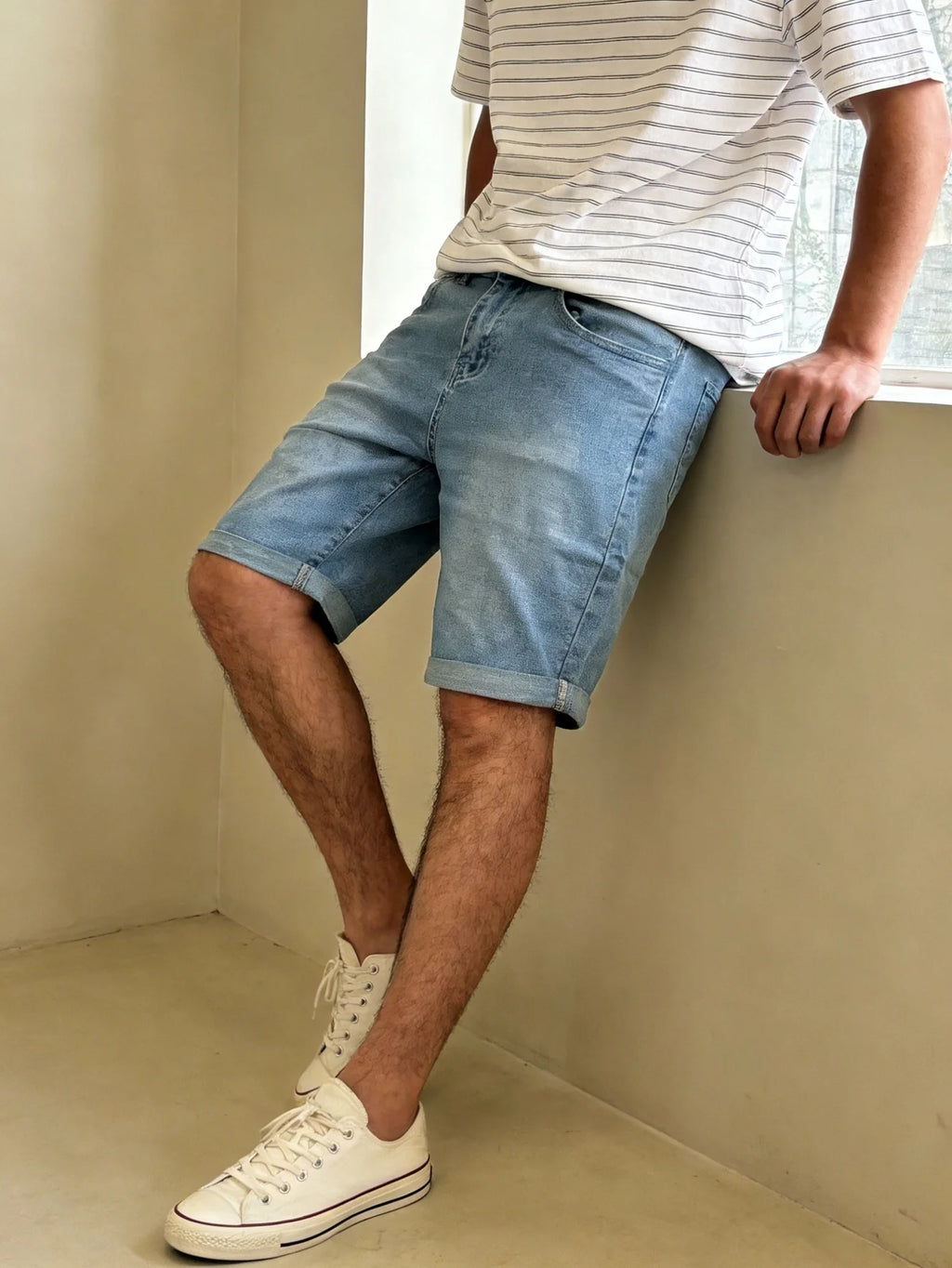 Men Slim Fit Elastic Blue Denim Jorts Casual Street Style Drip Design