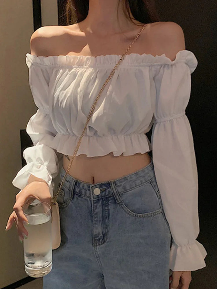 Women Top Sexy Blouse Off Shoulder Top Long Sleeve Solid Color White