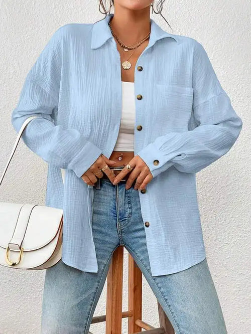 100% Cotton Gauze Muslin Women Shirts Casual Turn Down Collar Long
