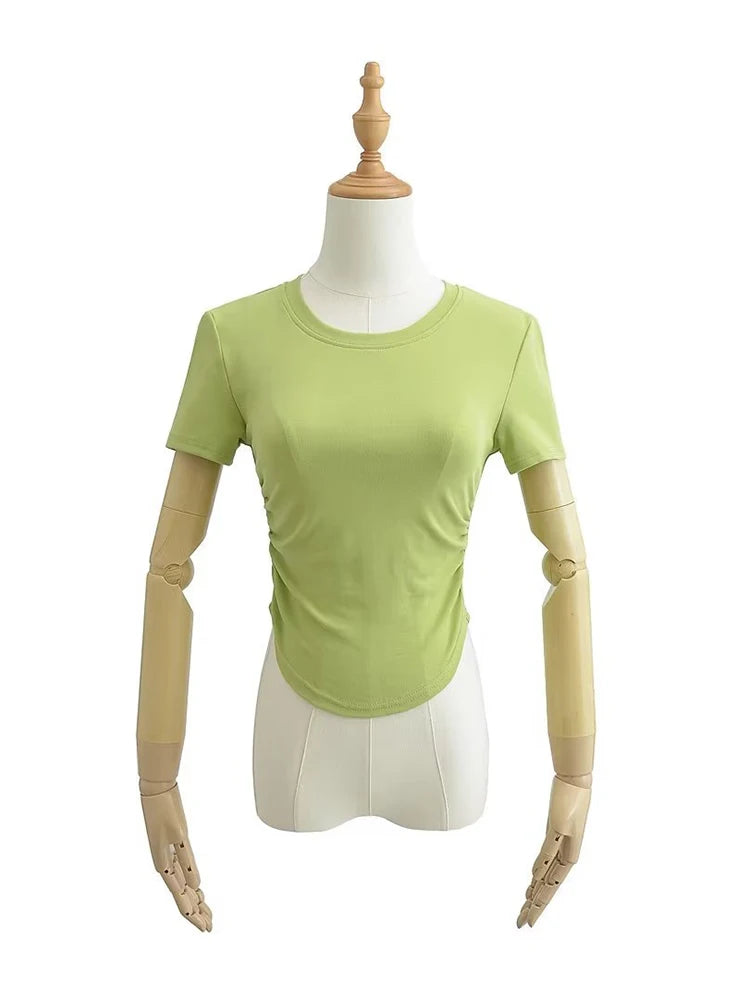 2024 Harajuku Women Crew Neck Short Sleeve Cotton Tee With Ruched
