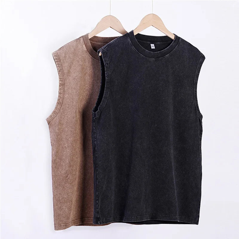 Men's Vest Vintage Washed tee 100% Cotton Tank Tops Summer Casual