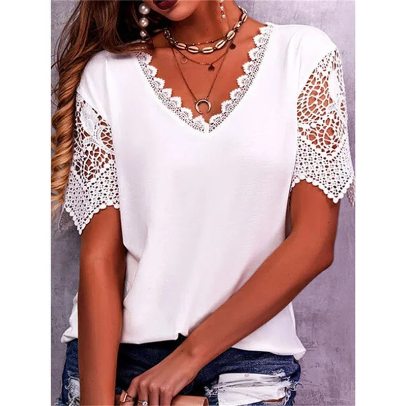 Spring Summer Women Shirts Elegant Hollow Out Lace Short Sleeve V-neck
