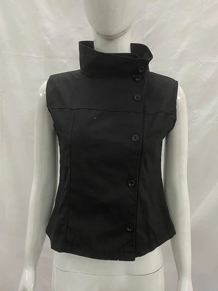 Summer Black Women's Casual Vest Stand Collar Sleeveless Diagonal