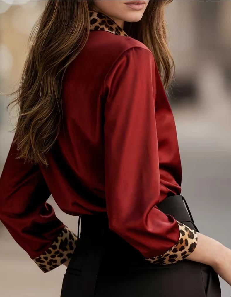 Elegant Long Sleeve Button Down Shirt with Leopard Print Collar, Cuffs
