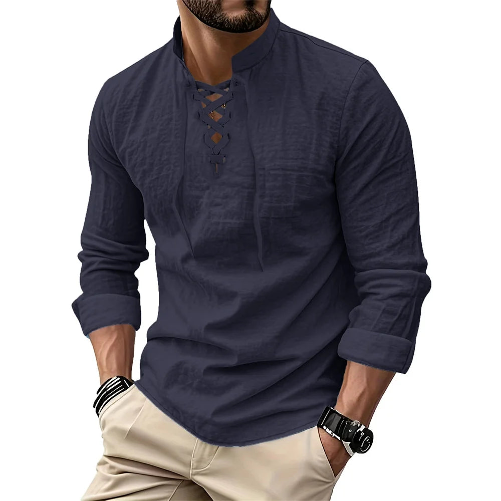 Men's Vintage V-neck T-shirt Cotton Linen Pirate Medieval Viking