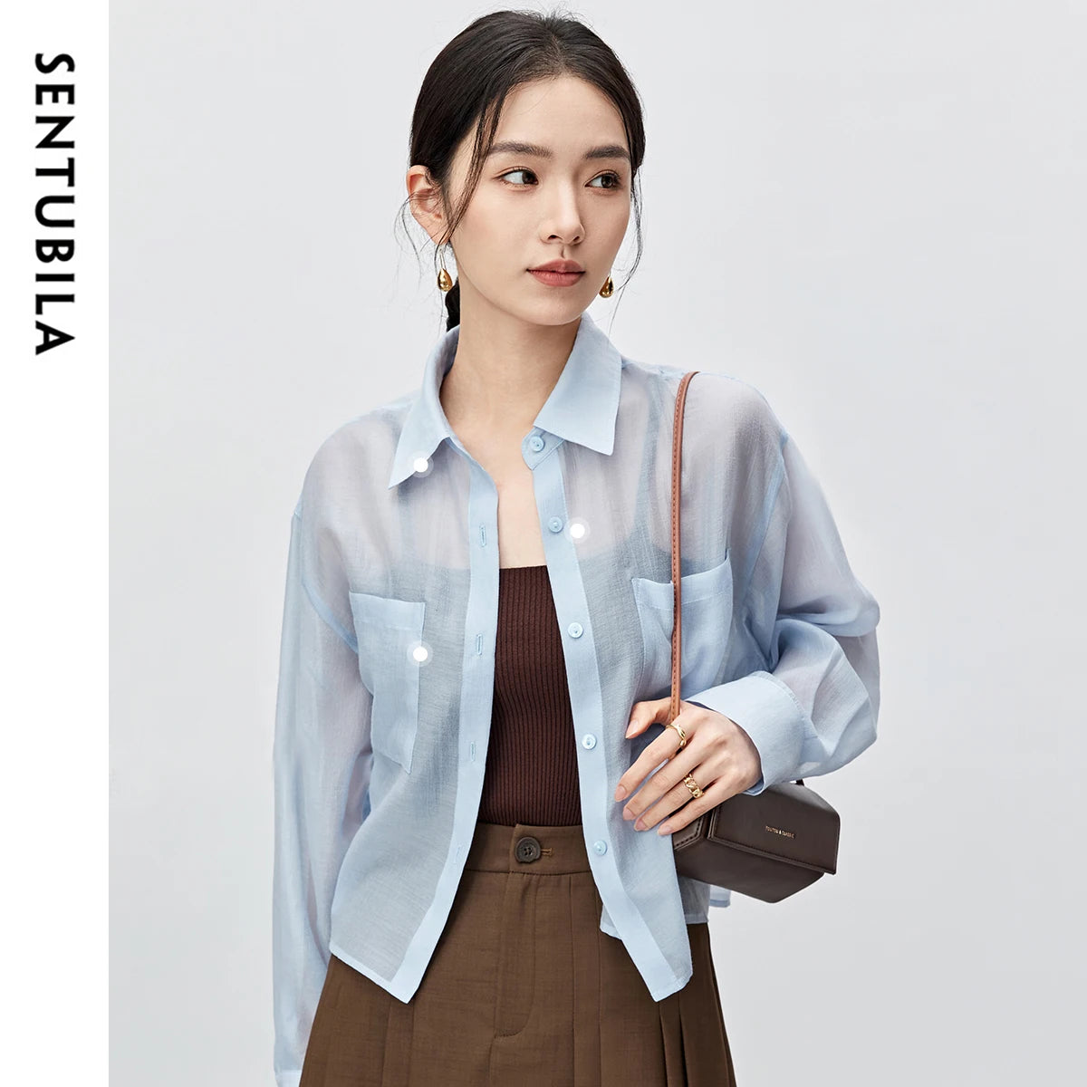 SENTUBILA Women Lyocell See Through Shirt 2026 Summer Ladies Long