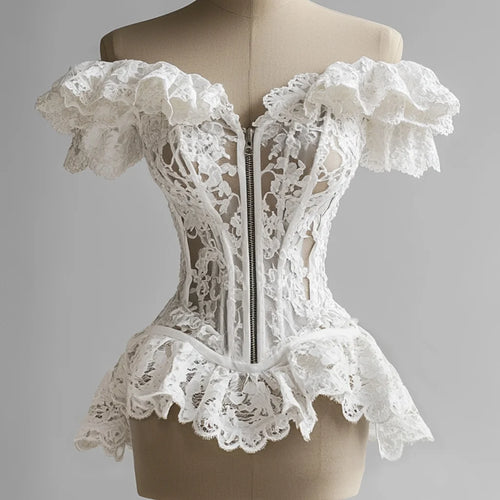 French Corset Blouse Lace Ruffle Off Shoulder Zip Up Tube Tops Bustier