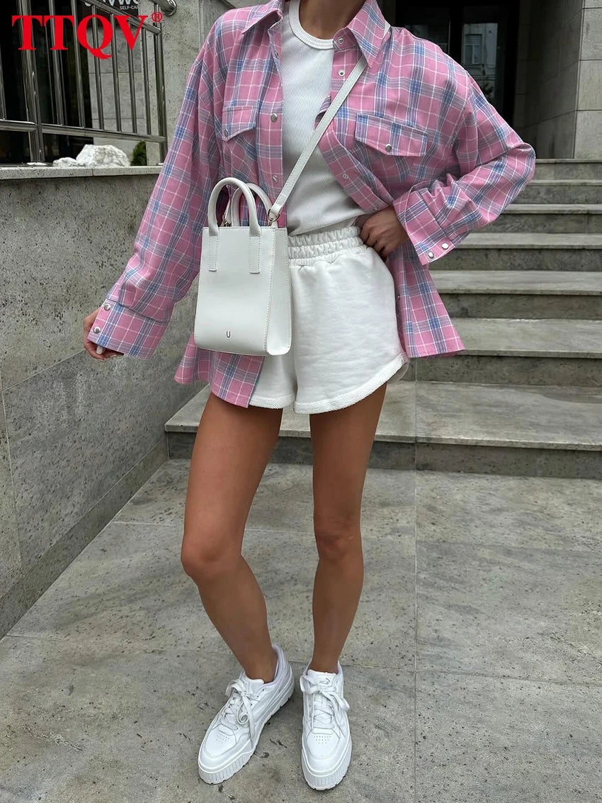 TTQV Fashion Loose Pink Plaid Women's Shirt 2026 Vintage Lapel Long