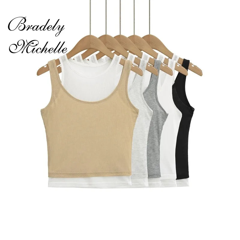 Stacked Double-layer Round Neck Women Sleeveless Cropped Tank Crop