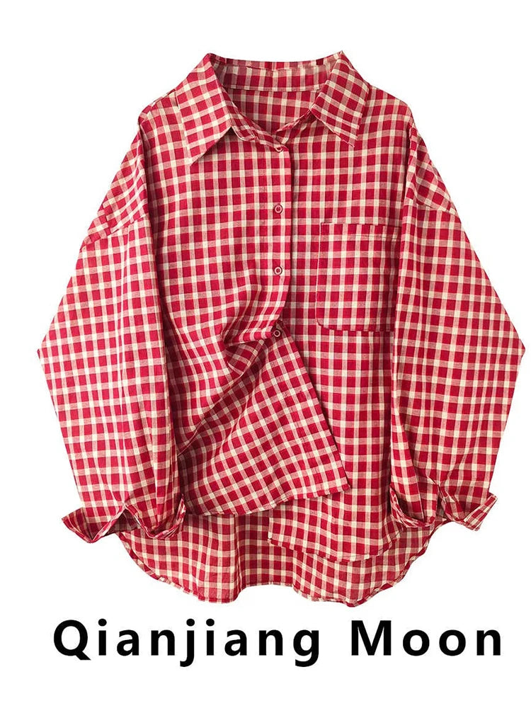 2025 Y2k Autumn Women New Vintage Red Plaid Turn-down Collar