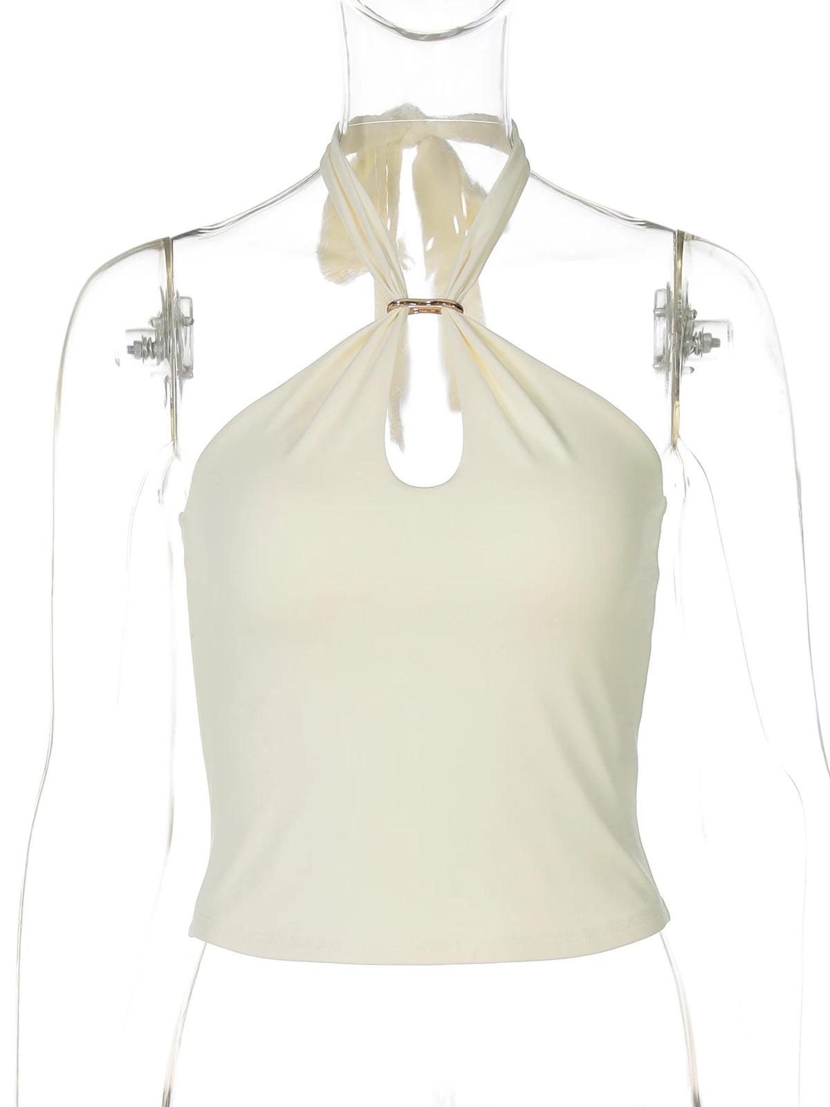 Hugcitar Women Fashion Halter Solid Loop Backless Bandage Sexy Crop