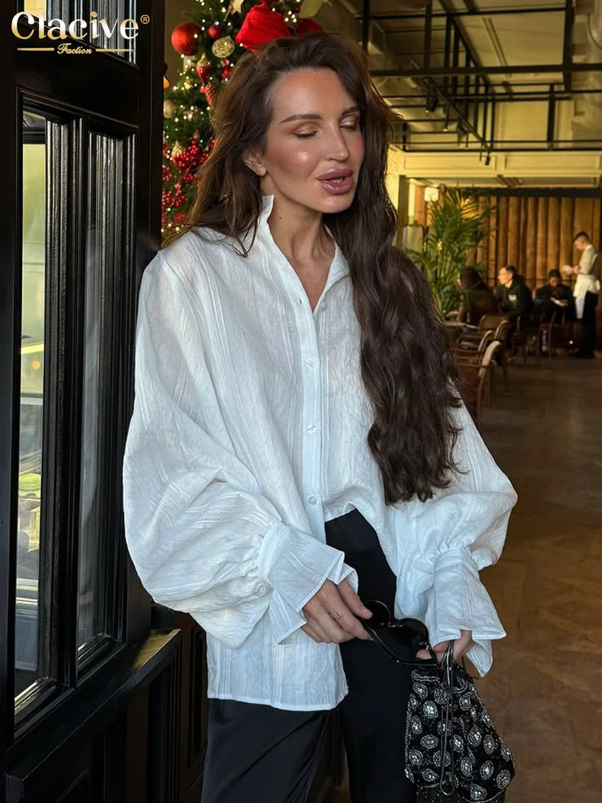 Clacive Fashion Loose White Cotton Women's Shirt 2025 Casual Lapel
