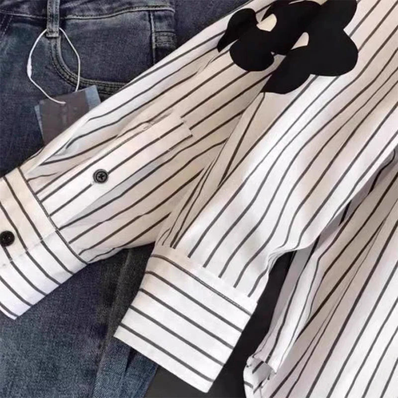 Turn-down Neck Flower Stripe Long Sleeved Loose Shirt And Blouse New