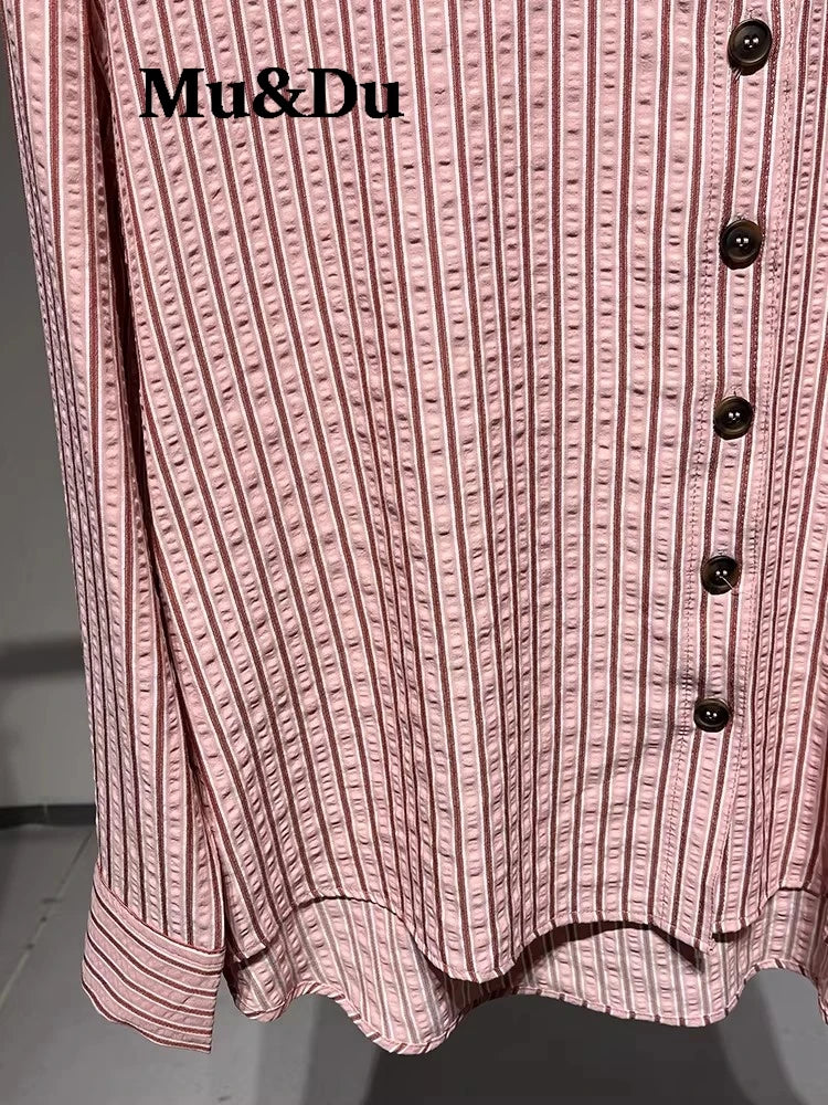 Women Shirt 2026 New Fashion Summer Pink Long Sleeve Striped Shirt for