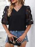 Women V Neck Blouse With Sheer Puff Sleeves And 3D Circle Appliques