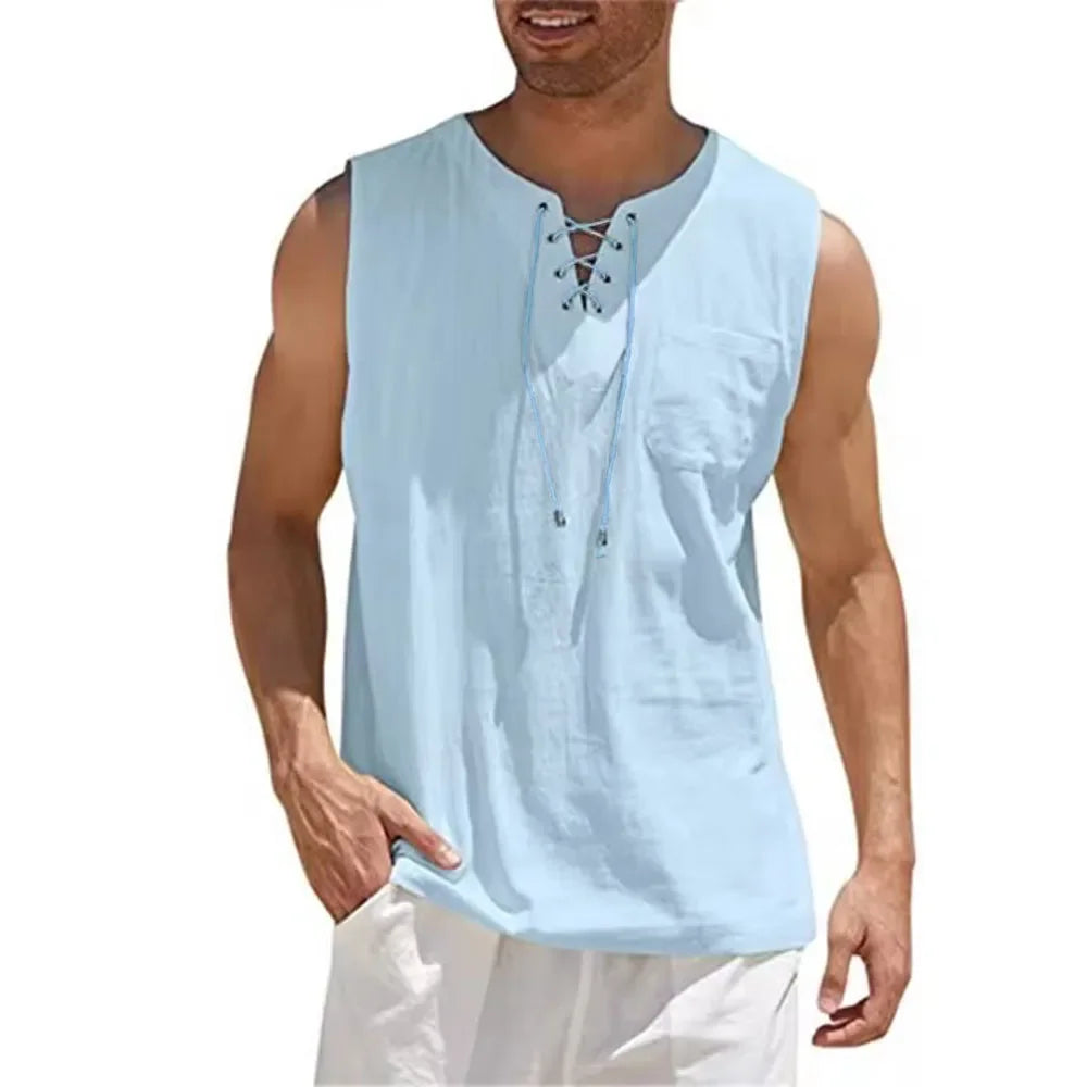 Cotton Linen Shirts Men's Casual Sleeveless Vest Lace Up Shirts Retro