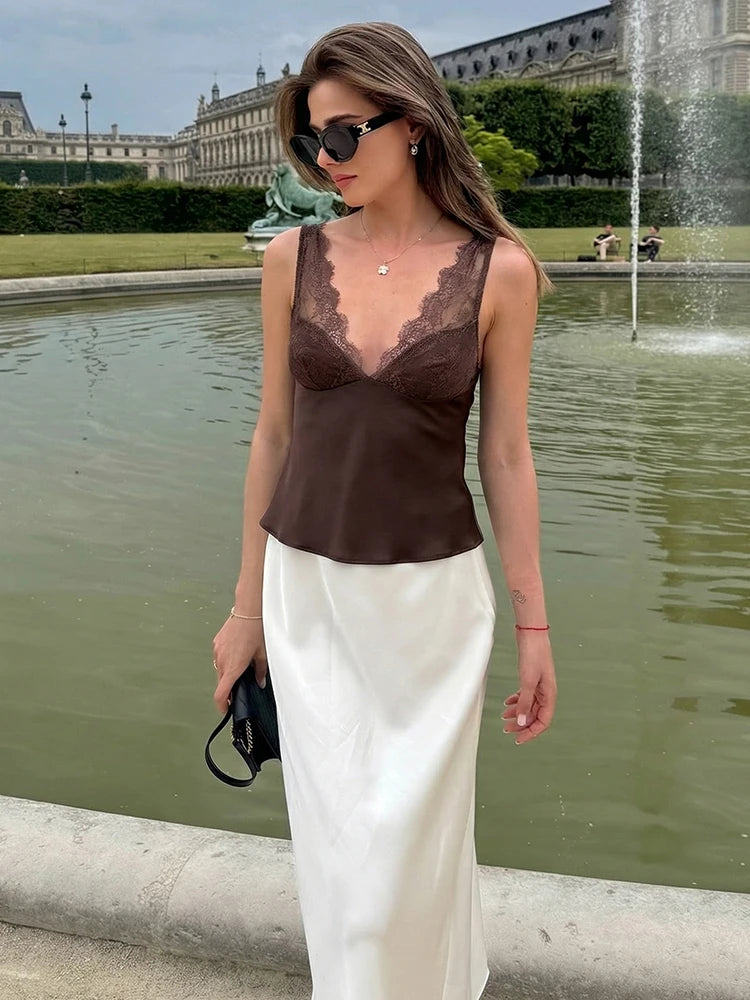 HH Elegant Women Lace Splice Sexy Satin Sling Tops 2026 Spring Summer