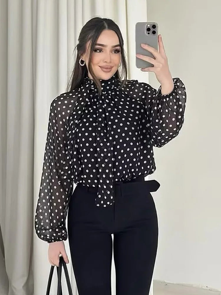 Women Polka Dot Print Blouse Casual High Collar Long Sleeve Lady Top