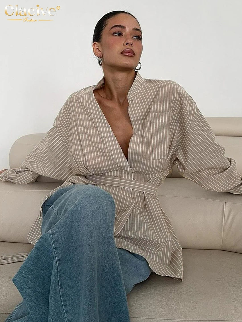 Clacive Vintage Loose Brown Stripe Women Shirts 2025 Fashion Stand