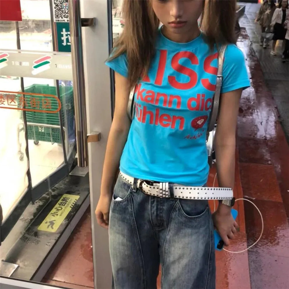 Y2k Letter Print T-shirt American Japanese Retro 90s Fashion 2000s